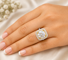 Load image into Gallery viewer, Cushion Cut And Round Cut Moissanite Engagement Ring Set Double Halo Wedding Bridal Set 14K Solid White and Yellow Gold 6.50ctw
