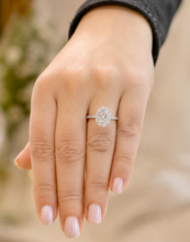 Load image into Gallery viewer, Oval Shape and Round Cut Sides Simulated Diamonds Engagement Ring Prong Set Wedding Ring Halo Style Bridal Ring 14K Solid White Gold 2.50ctw
