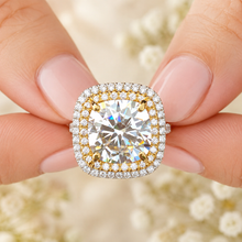 Load image into Gallery viewer, Cushion Cut And Round Cut Moissanite Engagement Ring Set Double Halo Wedding Bridal Set 14K Solid White and Yellow Gold 6.50ctw
