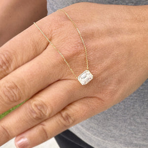 Dainty Minimalist 14k Solid Yellow Gold Emerald Cut Moissanite, Bezel Set, Solitaire Necklace And Chain, Pendant, Bridal, Wedding 2.00ct