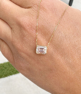 Dainty Minimalist 14k Solid Yellow Gold Emerald Cut Moissanite, Bezel Set, Solitaire Necklace And Chain, Pendant, Bridal, Wedding 2.00ct