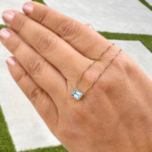 Dainty Minimalist 14k Solid Yellow Gold Emerald Cut Natural Blue Topaz , Bezel Set, Solitaire Necklace And Chain, Pendant, Wedding 2.00ct (Copy)