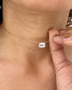 Dainty Minimalist 14k Solid Yellow Gold Emerald Cut Natural Aquamarine Bezel Set, Solitaire Necklace And Chain, Pendant, Wedding 2.00ct