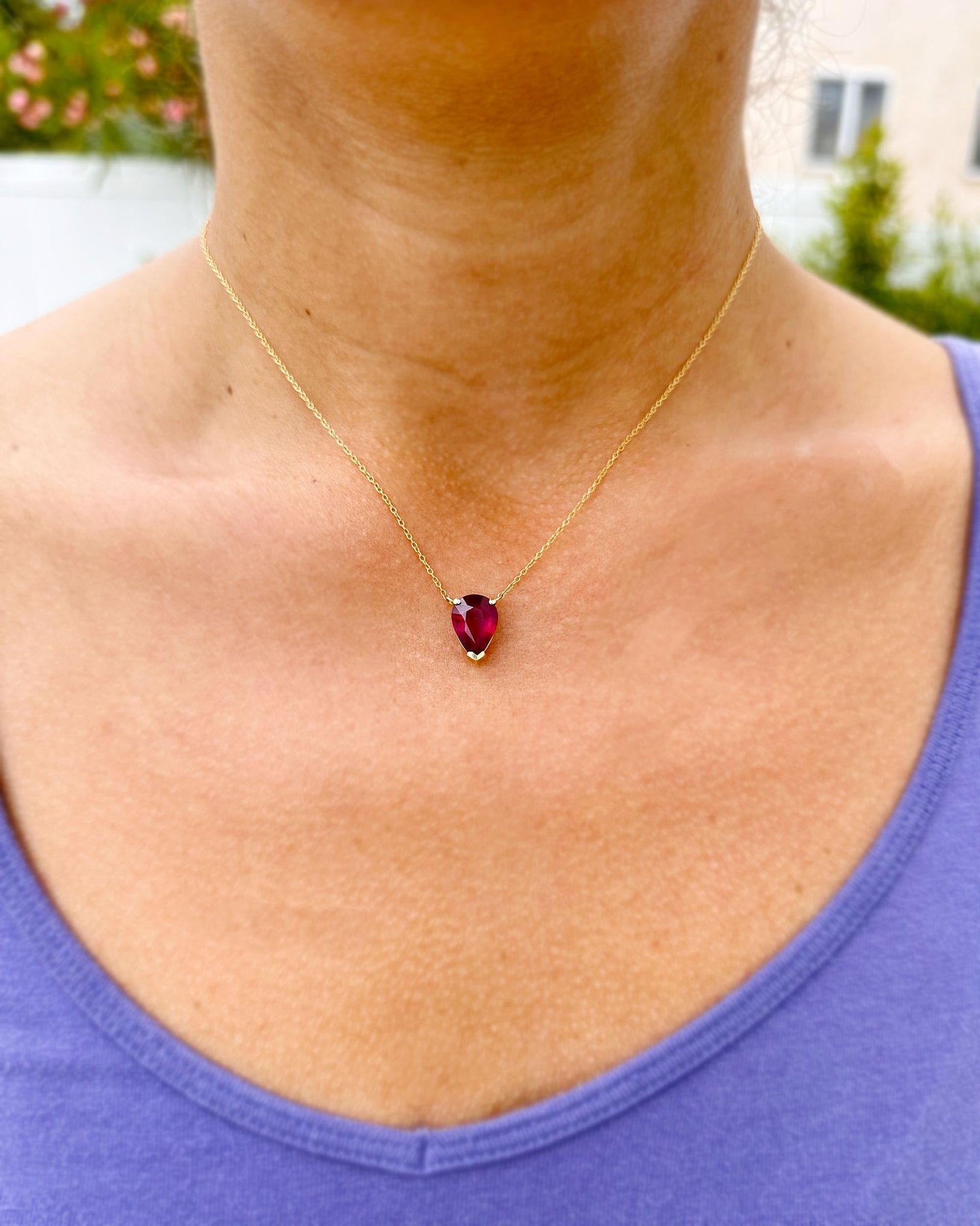 Pear Shape Ruby Solitaire Necklace And Chain In Dainty Minimalist 14k Solid Yellow Gold Pendant and Chain Gift For Her
