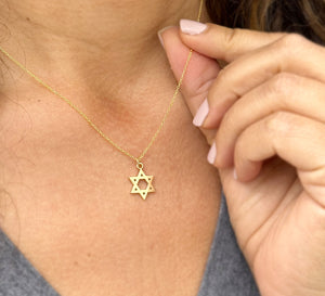 Star Of David Style Pendent And Chain in 14K Solid Yellow Gold Necklace Minimalist Style Wedding Bridal And Anniversary Gift For Her