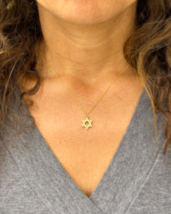 Star Of David Style Pendent And Chain in 14K Solid Yellow Gold Necklace Minimalist Style Wedding Bridal And Anniversary Gift For Her