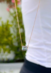 Dainty Minimalist 14k Solid Rose Gold Emerald Cut Natural Blue Topaz Bezel Set Solitaire Necklace And Chain Pendant Wedding Gift 2.00ct