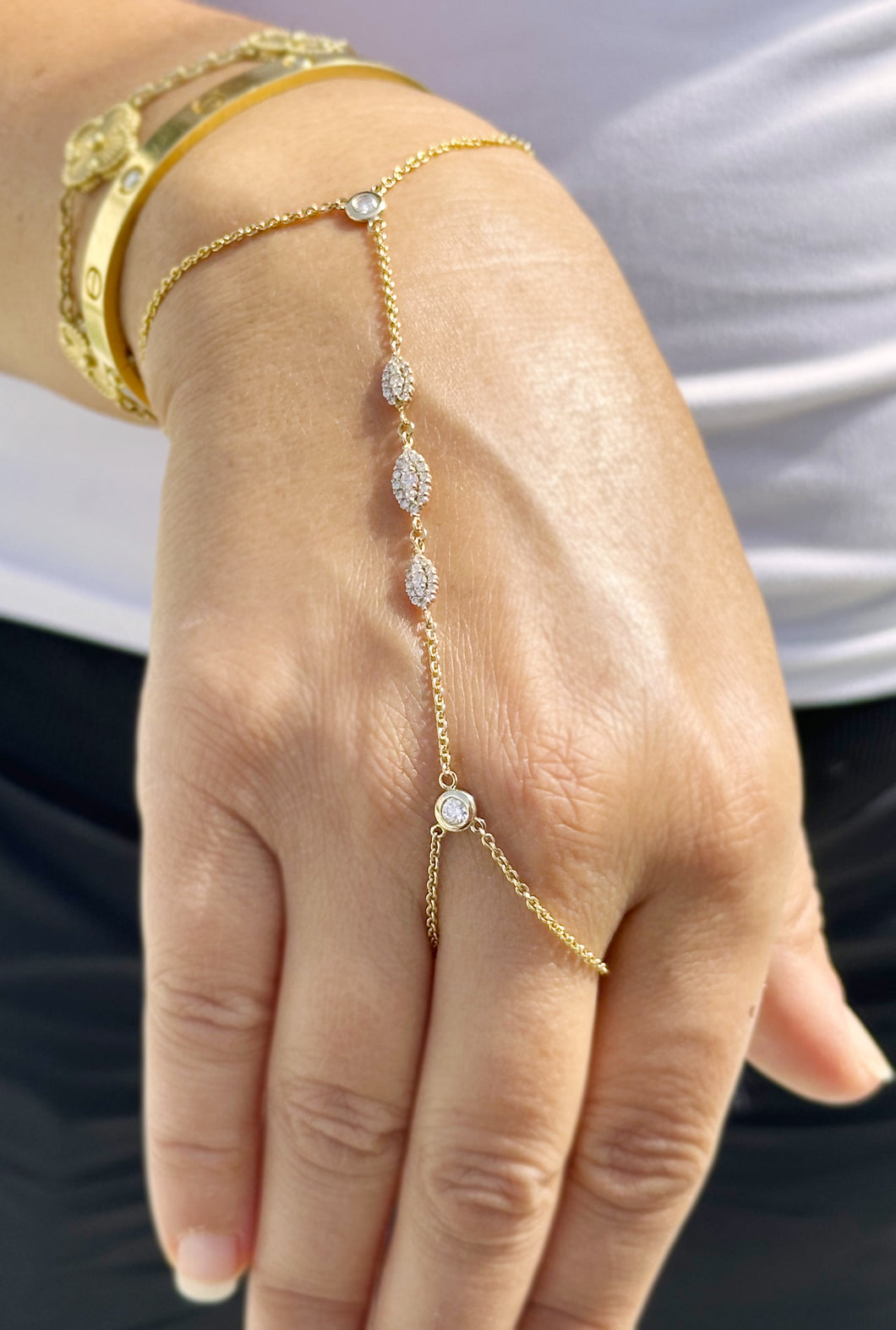 Finger Bracelet CVD Diamond Ring Bracelet 14k Solid White Gold Hand Chain Diamond Bracelet Chain Diamond Bracelet Marquee Shape Links 0.85ct