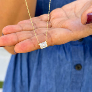 Emerald Cut Moissanite Bezel Set Solitaire Necklace And Chain In Dainty Minimalist 14k Solid Yellow Gold Pendant Bridal Wedding Gift 2.00ct