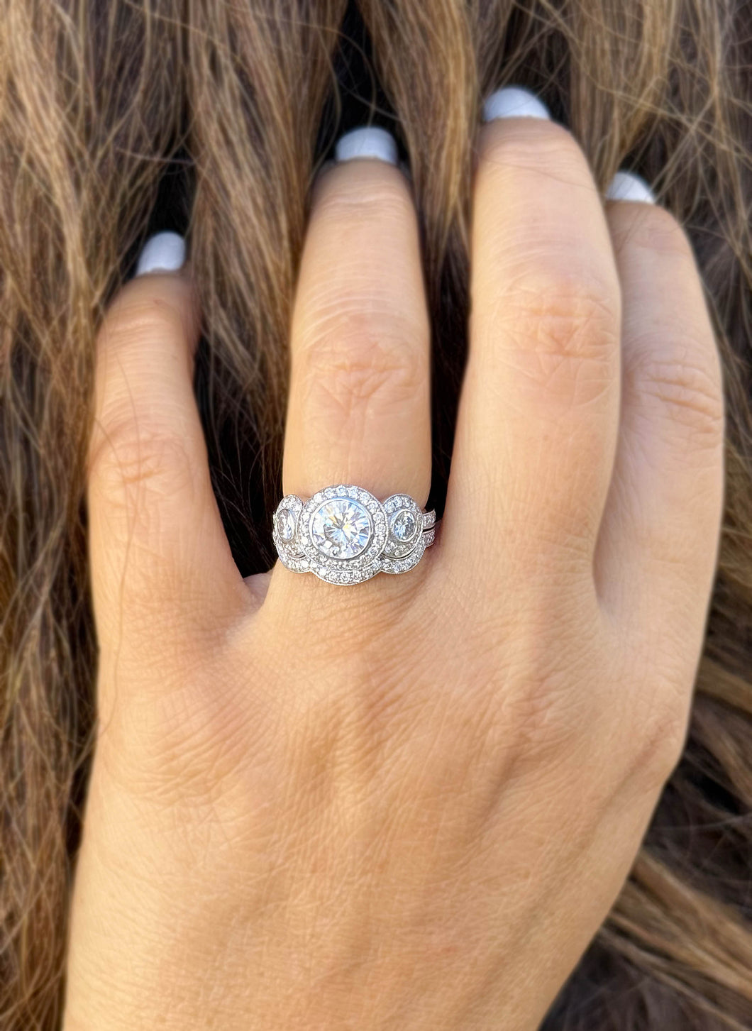 Round Cut Diamond Engagement Ring And Matching Band Three Stone Style IGI Certified 14k Solid White Gold Halo Bridal Wedding set 2.70ctw