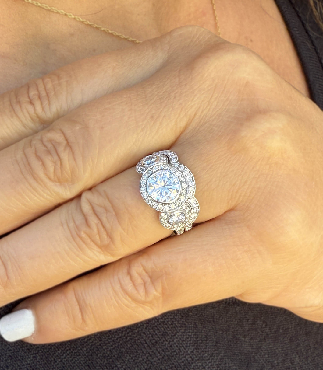 Round Cut Moissanites Engagement Ring And Matching Band Three Stone Style Halo Bezel Set 14K Solid White Gold Wedding Bridal Set 2.75ctw