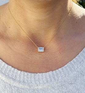 Emerald Cut Simulated Diamond Bezel Set Solitaire Necklace And Chain In Dainty Minimalist 14k Solid White Gold Pendant Gift 3.50ct