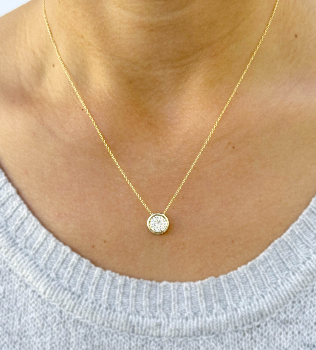 Round Cut Simulated Diamond Solitaire Necklace And Chain Dainty Minimalist Bezel Set 14k Solid Yellow Gold Pendant Bridal Wedding Gift 2.00