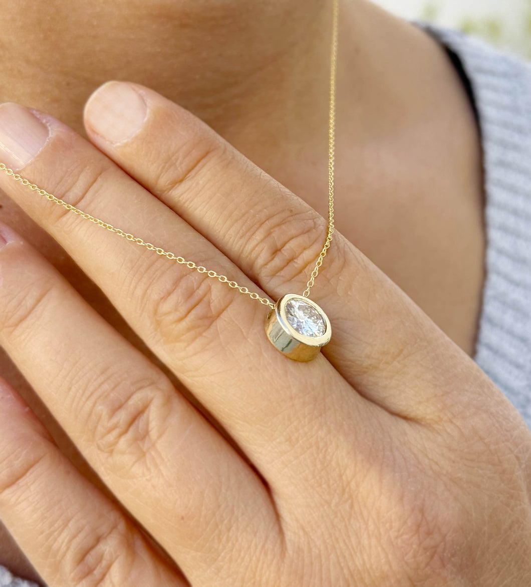 Round Cut Moissanite Solitaire Necklace And Chain Dainty Minimalist Bezel Set Style 14k Solid Yellow Gold Pendant Bridal Wedding Gift 2.00ct