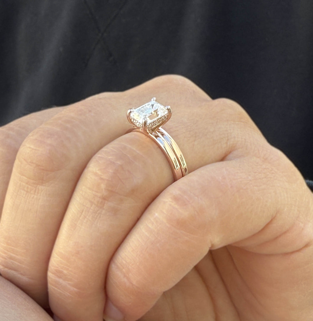 Emerald Cut Moissanites Engagement Ring And Band 14K Solid Rose Gold Wedding Ring Set Four Prong Inner Halo Solitaire Bridal Set 1.60ctw