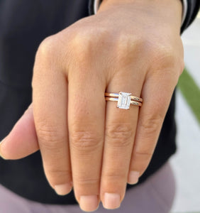 Emerald Cut Simulated Engagement Ring And Band 14K Solid Rose Gold Wedding Ring Set Four Inner Halo Solitaire Bridal Ring For Her 1.60ctw