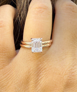 Emerald Cut Simulated Engagement Ring And Band 14K Solid Rose Gold Wedding Ring Set Four Inner Halo Solitaire Bridal Ring For Her 1.60ctw