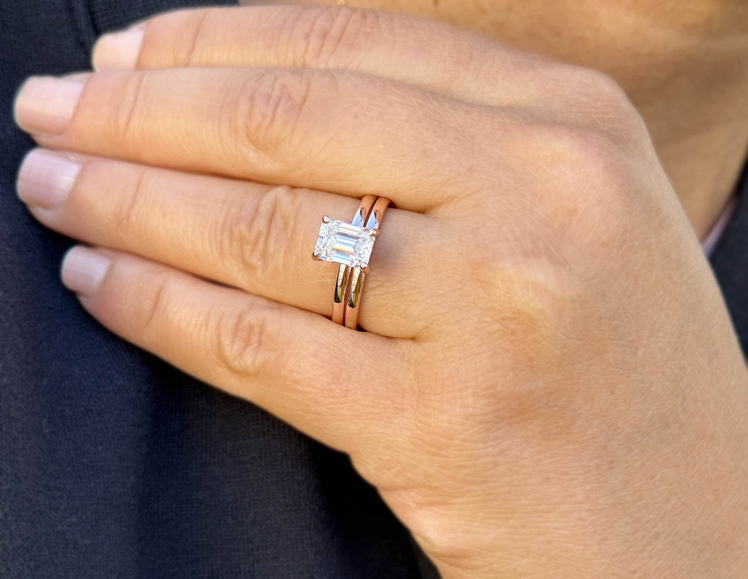 Emerald Cut Diamond Engagement Ring IGI Certified Set In 14K Solid Rose Gold Solitaire Ring And Band Inner Halo Wedding Ring 1.60ctw G-VS2