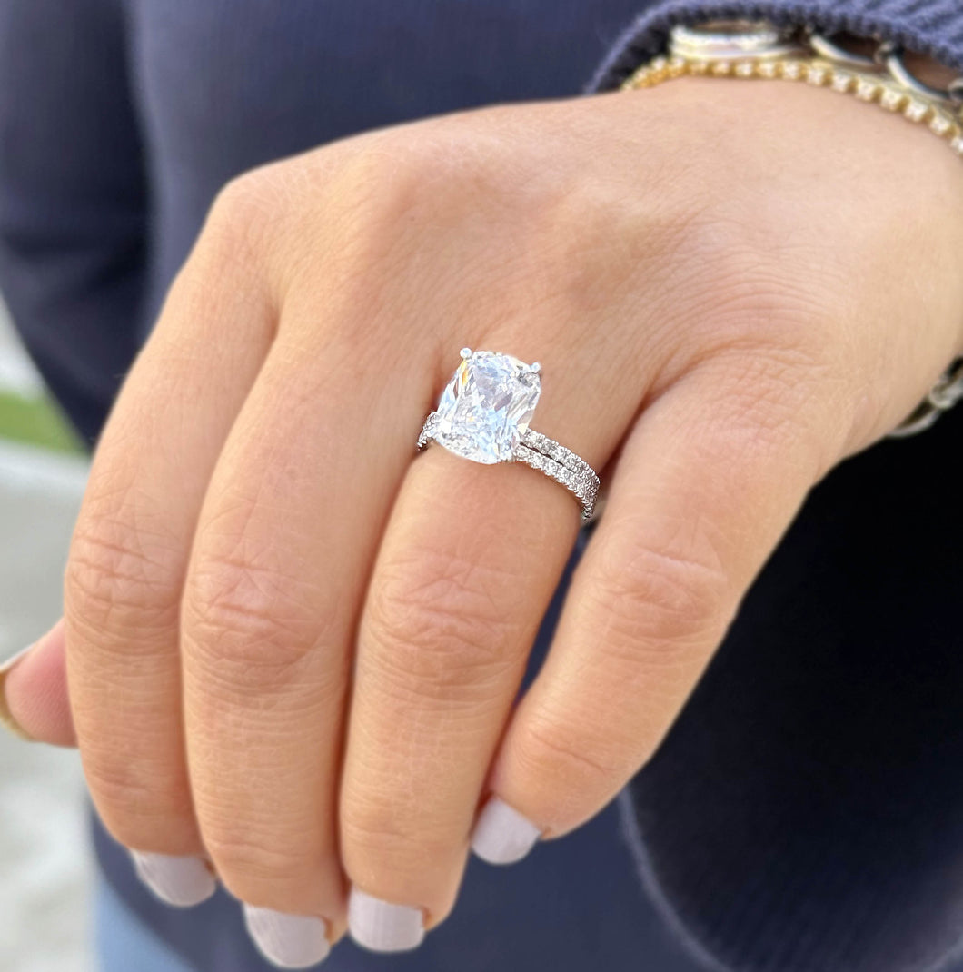 Rectangular Cushion Cut Moissanite Engagement Ring And Matching Band Set In 14K Solid White Gold Four Prong Wedding Ring And Band 5.20ctw