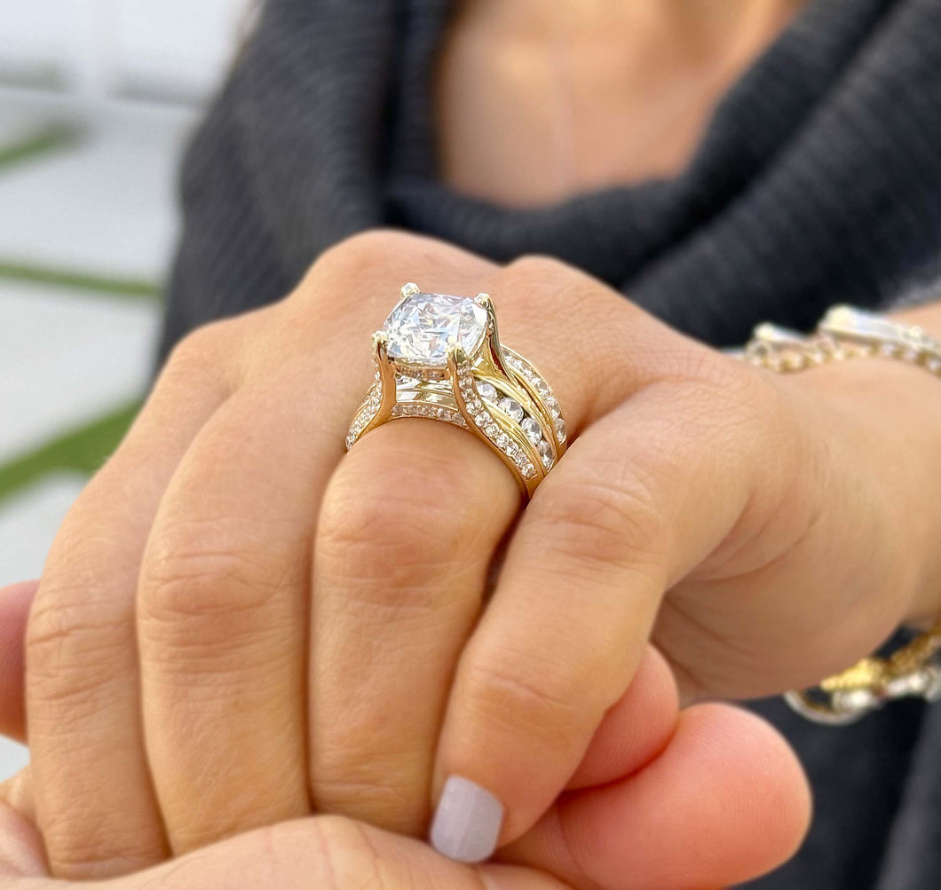 Cushion and Round Cut Moissanites Engagement Ring And Band Set In 14K Solid And Heavy Yellow Gold Wedding Bridal Set Hidden Halo Style 7.50