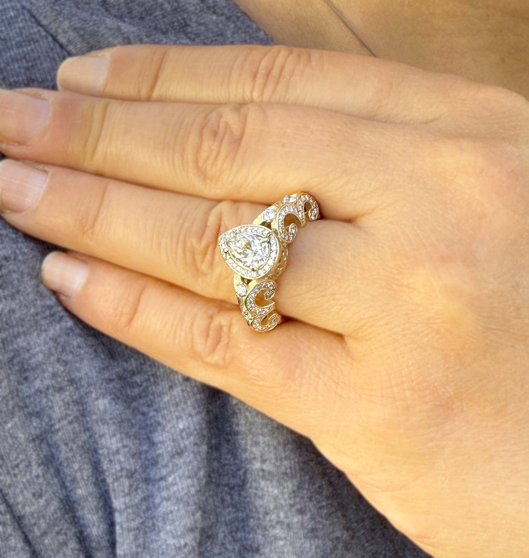Pear Shape Moissanite And Round Cut Sides Engagement Ring Halo Style Wedding Ring Antique style Bridal Ring In 14k Solid Yellow Gold 1.70ctw