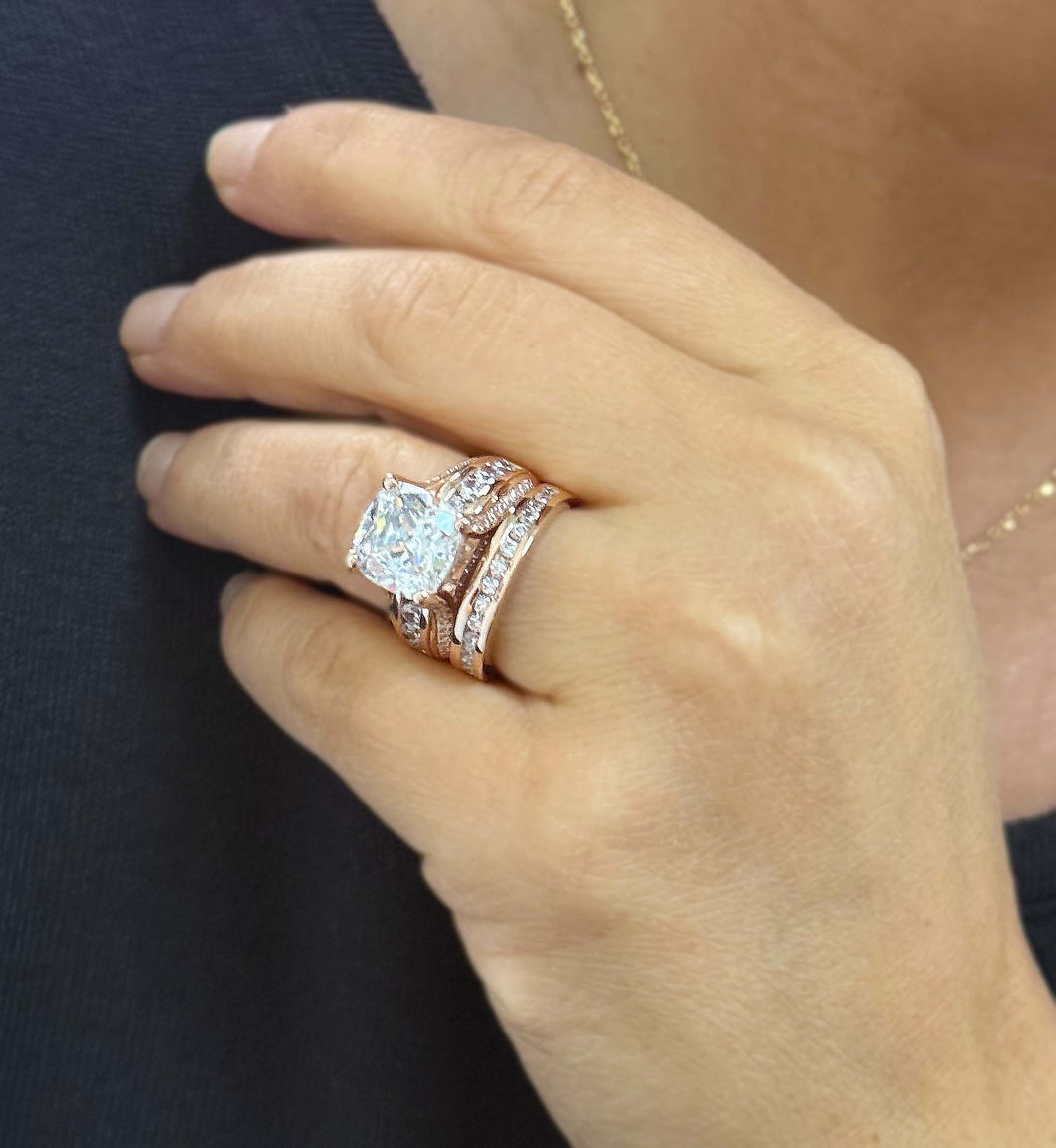Cushion and Round Cut Moissanites Engagement Ring And Band Set In 14K Solid And Heavy Rose Gold Wedding Bridal Set Hidden Halo Style 7.50ct