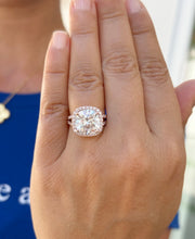 Load image into Gallery viewer, Cushion Cut and Round Cut Sides Simulated Diamonds Engagement Ring 14K Solid Rose Gold Halo Split Shank Design Wedding Bridal Ring 7.70ctw
