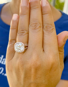 Cushion Cut and Round Cut Sides Simulated Diamonds Engagement Ring 14K Solid Rose Gold Halo Split Shank Design Wedding Bridal Ring 7.70ctw