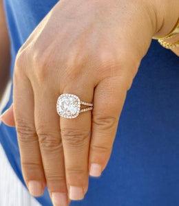 Cushion Cut and Round Cut Sides Simulated Diamonds Engagement Ring 14K Solid Rose Gold Halo Split Shank Design Wedding Bridal Ring 7.70ctw
