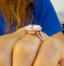 Load image into Gallery viewer, Cushion Cut and Round Cut Sides Simulated Diamonds Engagement Ring 14K Solid Rose Gold Halo Split Shank Design Wedding Bridal Ring 7.70ctw
