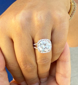 Cushion Cut and Round Cut Sides Simulated Diamonds Engagement Ring 14K Solid Rose Gold Halo Split Shank Design Wedding Bridal Ring 7.70ctw