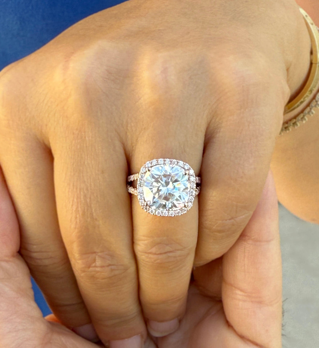 Cushion Cut And Round Cut Sides Moissanites Engagement Ring Halo Split Shank Design Wedding Ring 14K Solid Rose Gold Bridal Ring 7.70ctw