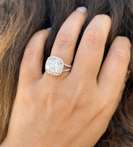 Cushion Cut and Round Cut Sides Simulated Diamonds Engagement Ring 14K Solid Rose Gold Halo Split Shank Design Wedding Bridal Ring 7.70ctw