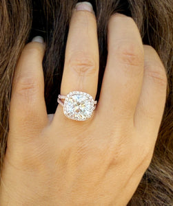 Cushion Cut and Round Cut Sides Simulated Diamonds Engagement Ring 14K Solid Rose Gold Halo Split Shank Design Wedding Bridal Ring 7.70ctw