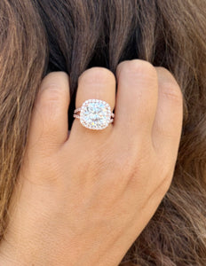 Cushion Cut and Round Cut Sides Simulated Diamonds Engagement Ring 14K Solid Rose Gold Halo Split Shank Design Wedding Bridal Ring 7.70ctw