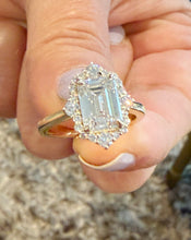 Load image into Gallery viewer, Emerald Cut And Round Cut Sides Moissanites Engagement Ring Halo Wedding Ring Minimalist Bridal Ring 14K Solid Yellow Gold Propose Ring 2.65
