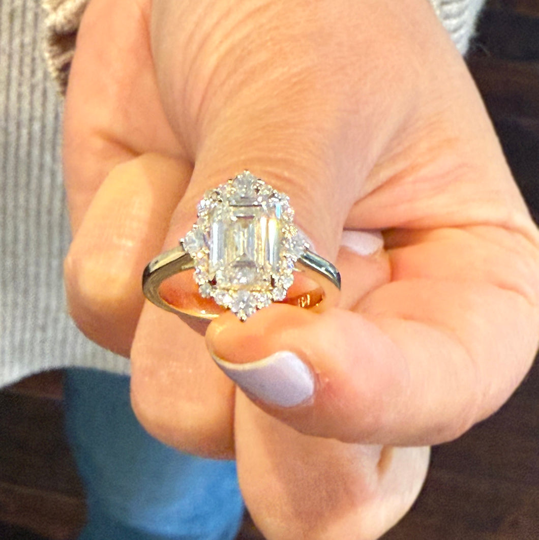 Emerald Cut And Round Cut Side Simulated Diamonds Engagement Ring Prong Set Wedding Ring Halo Bridal Ring For Her 14K Solid Yellow Gold 2.65