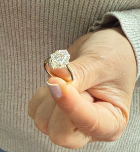 Emerald Cut And Round Cut Sides Moissanites Engagement Ring Halo Wedding Ring Minimalist Bridal Ring 14K Solid Yellow Gold Propose Ring 2.65