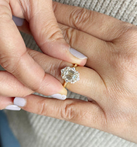 Emerald Cut And Round Cut Sides Moissanites Engagement Ring Halo Wedding Ring Minimalist Bridal Ring 14K Solid Yellow Gold Propose Ring 2.65