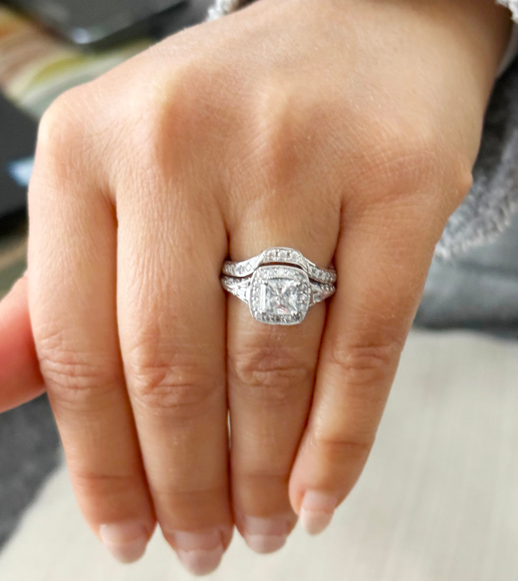 Princess Cut And Round Cut Sides Simulated Diamonds Engagement Ring And Matching Band Wedding Bridal Set 14K White Gold Bridal Set 2.50ctw