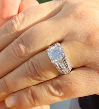 Load image into Gallery viewer, Cushion Cut and Round Cut Sides Simulated Diamonds Engagement Ring Hidden Halo Wedding Ring Bridal Propose Ring 14K Solid White Gold 5.50ctw
