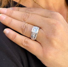 Load image into Gallery viewer, Cushion Cut and Round Cut Sides Simulated Diamonds Engagement Ring Hidden Halo Wedding Ring Bridal Propose Ring 14K Solid White Gold 5.50ctw
