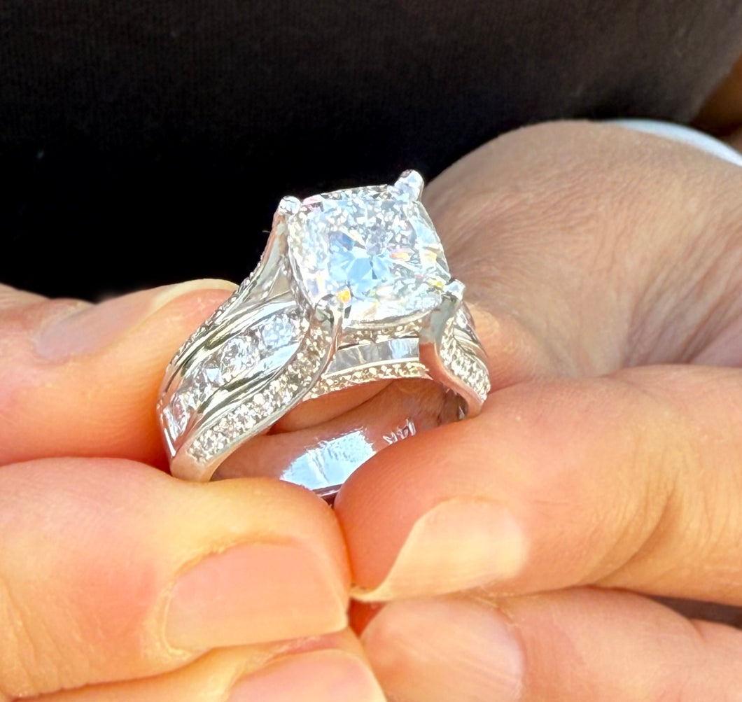 Cushion Cut and Round Cut Sides Simulated Diamonds Engagement Ring Hidden Halo Wedding Ring Bridal Propose Ring 14K Solid White Gold 5.50ctw