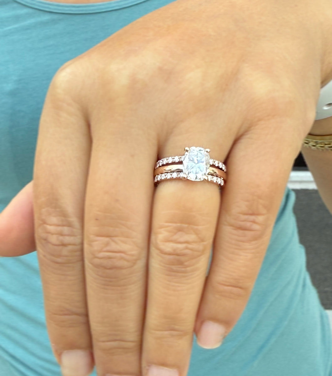 Elongated Cushion Cut Simulated Diamonds Engagement Ring And Two Matching Bands Set In 14K Solid Rose Gold Four Prong Wedding Rings 3.40ctw