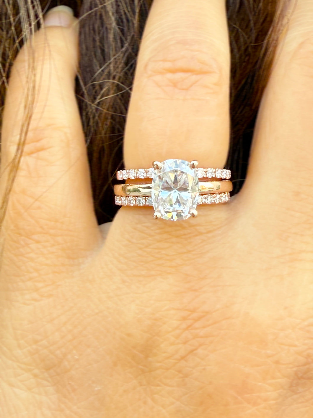 Cushion Cut And Round Cut Sides Diamond IGI Certified Engagement Ring And Two Matching Bands 14k Solid Rose Gold Wedding Ring 3.40ctw G-VS2