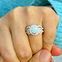 Load image into Gallery viewer, Round Cut Diamond Engagement Ring And Matching Band Three Stone Style IGI Certified 14k Solid Yellow Gold Halo Bridal Wedding set 2.45ctw
