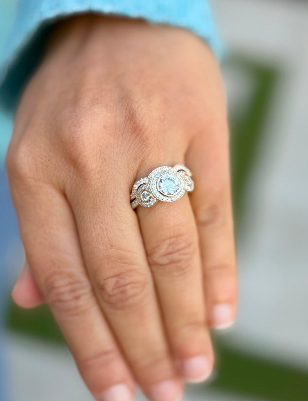 Round Cut Moissanites Engagement Ring And Matching Band Three Stone Style Halo Bezel Set 14K Solid Yellow Gold Wedding Bridal Set 2.50ctw