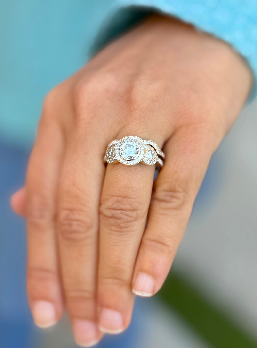 Round Cut Diamond Engagement Ring And Matching Band Three Stone Style IGI Certified 14k Solid Yellow Gold Halo Bridal Wedding set 2.45ctw