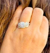 Load image into Gallery viewer, Round Cut Diamond Engagement Ring And Matching Band Three Stone Style IGI Certified 14k Solid Yellow Gold Halo Bridal Wedding set 2.45ctw
