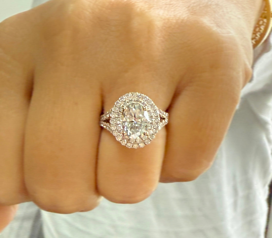 Oval Shape Center And Round Cut Sides Moissanites Engagement Ring Double Halo Wedding Ring Split Shank Bridal Ring 14K Solid Rose Gold 2.80